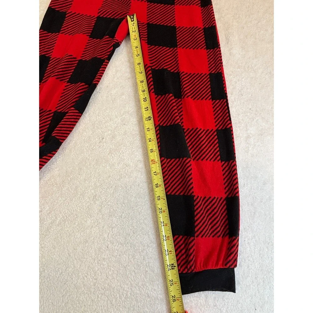 Cat & Jack Boys Red Black Buffalo Plaid Fleece Hooded‎ One Piece Pajamas Size 12